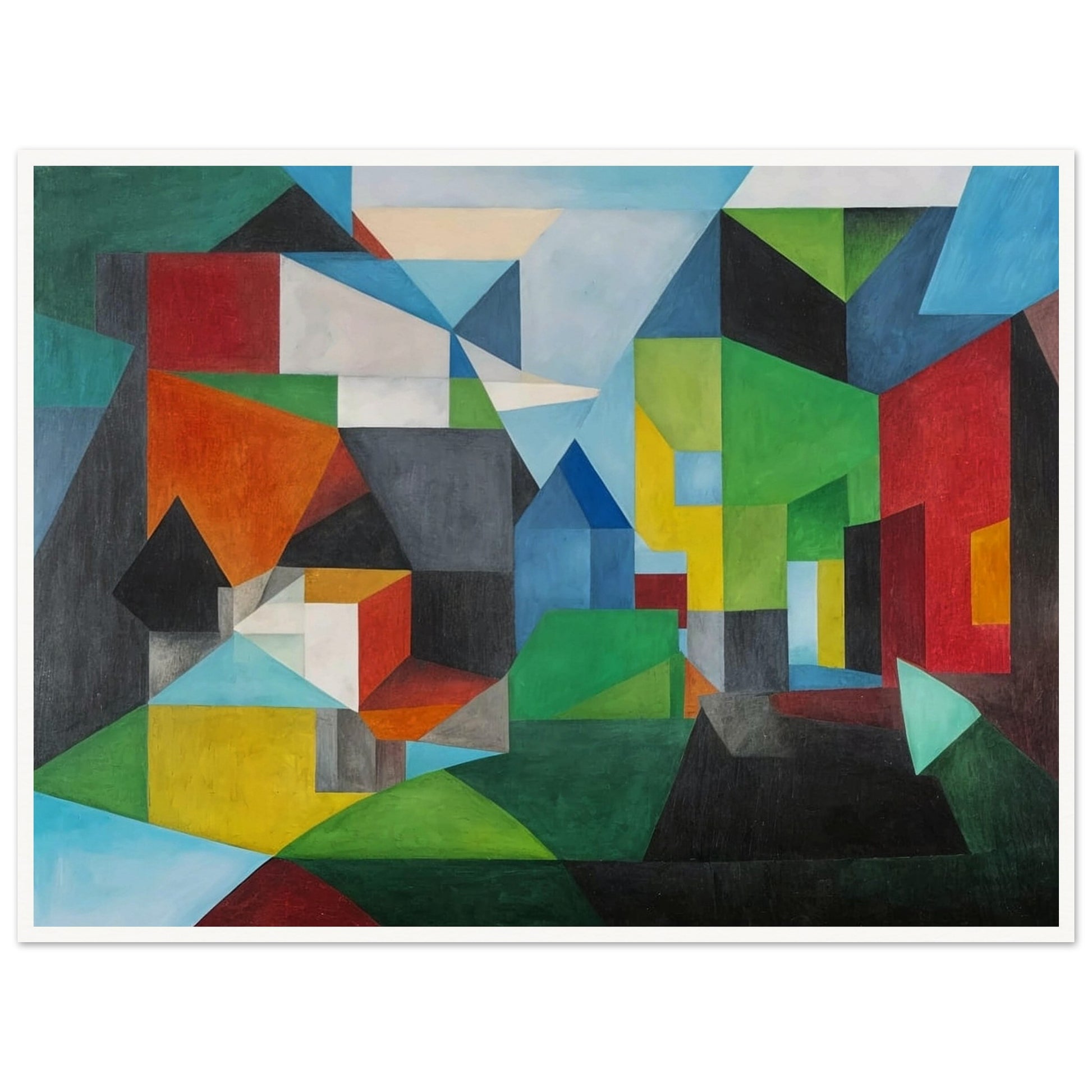 Abstract painting with vibrant geometric shapes forming a village-like scene with houses and landscapes.