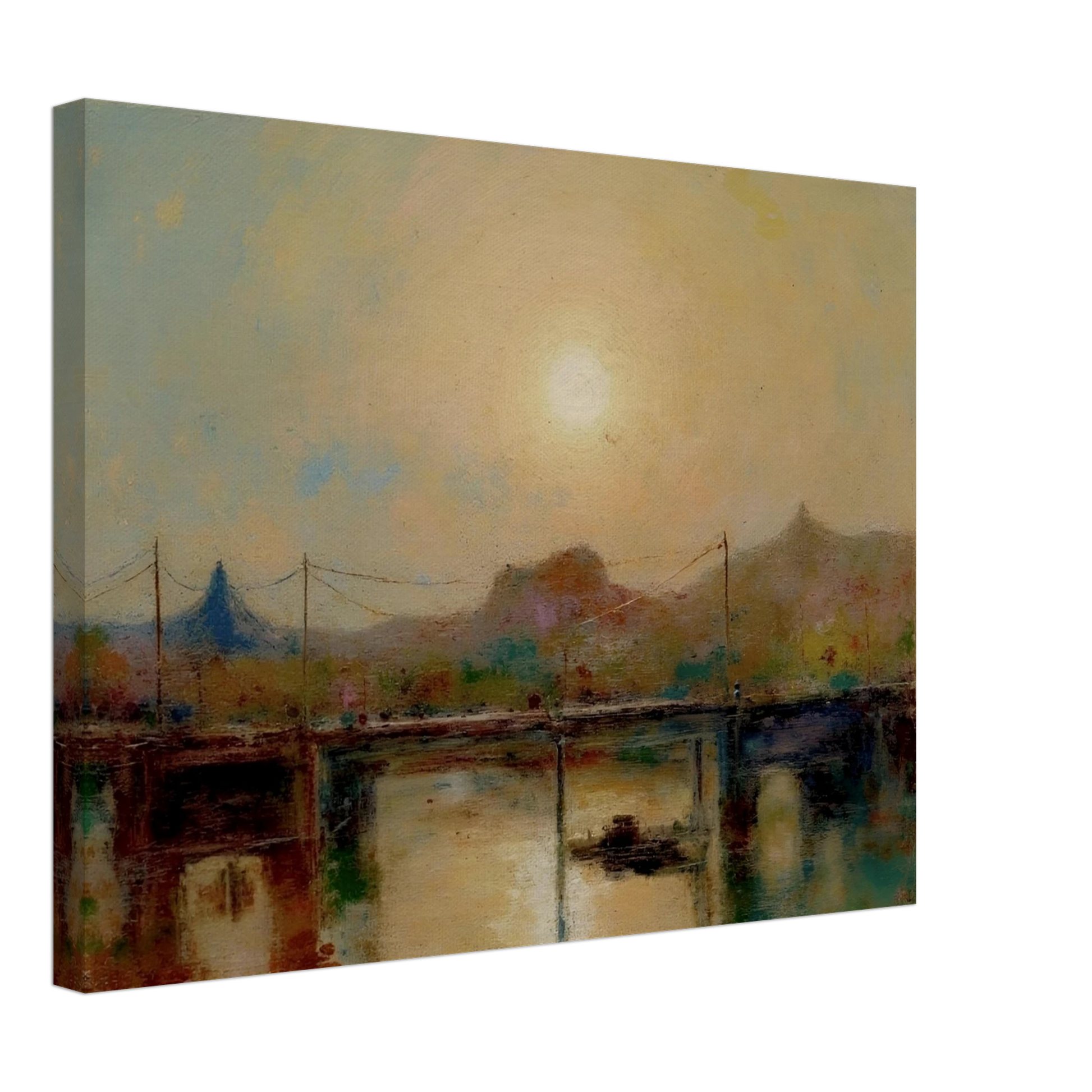 Hazy sunrise over a quiet bridge and river, with distant hills and muted pastel tones reflecting on the water.