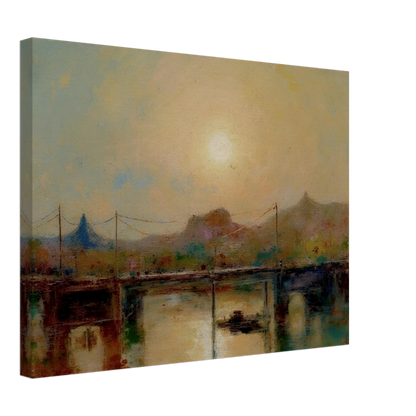 Hazy sunrise over a quiet bridge and river, with distant hills and muted pastel tones reflecting on the water.