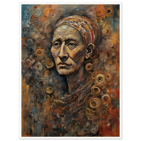 A textured portrait of an elderly person with deep wrinkles, wearing a patterned headwrap, surrounded by swirling earthy tones.
