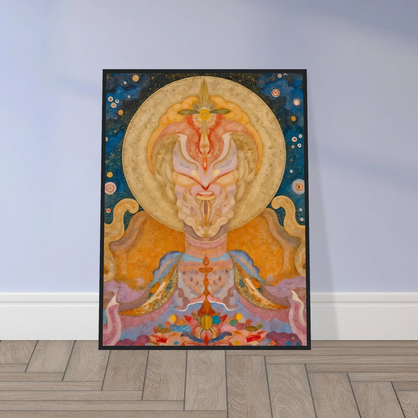 Ornate celestial figure with golden halo, starry blue sky, pastel robes, and floral forms.