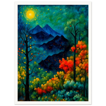 A vibrant, mystical forest with glowing autumn trees, a bright golden moon, and distant mountains under a deep blue-green night sky.