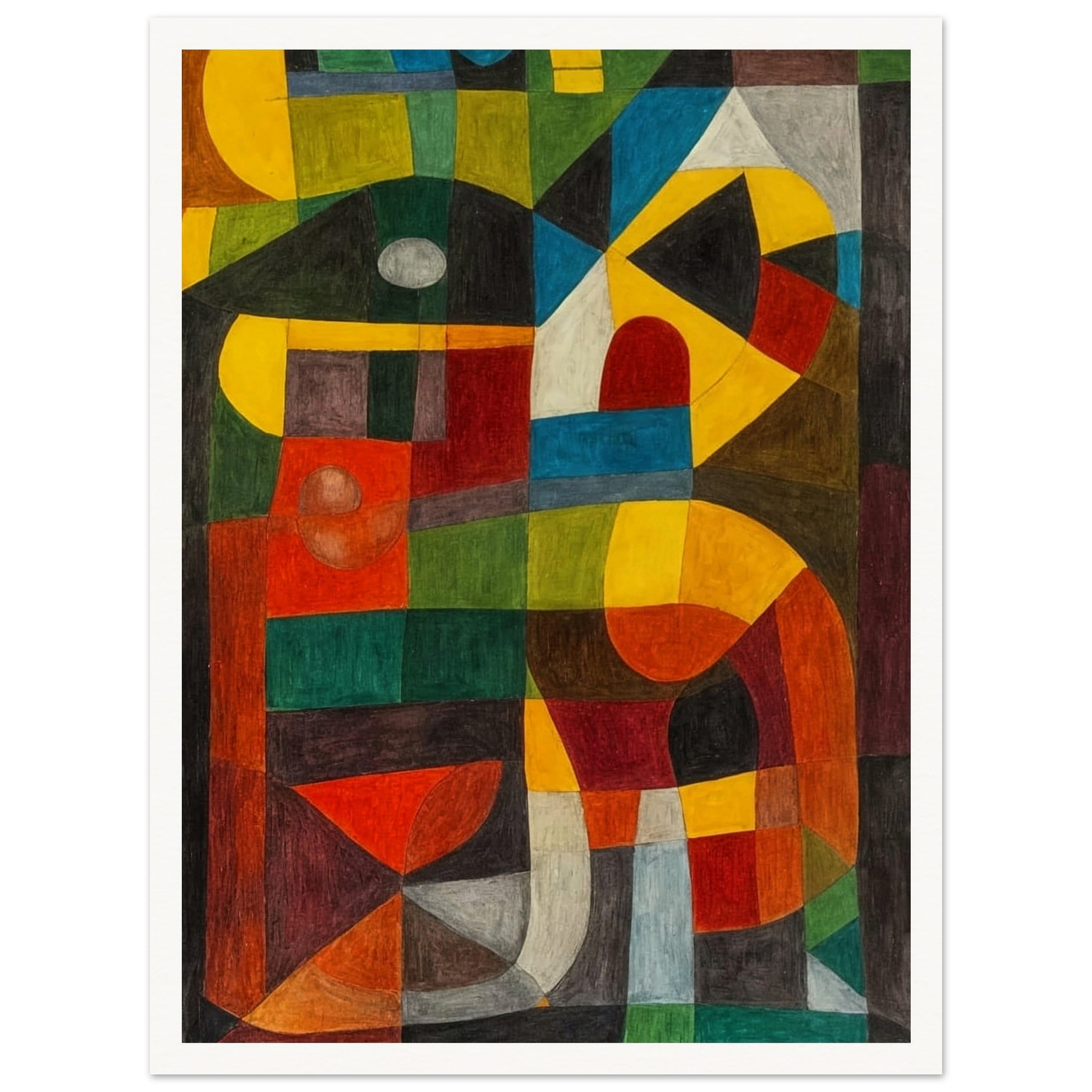 An abstract painting with bold geometric shapes and a mix of vibrant colors, creating a sense of dynamic symmetry.