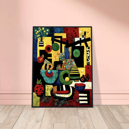 A vibrant cubist-style painting featuring geometric shapes, colorful fruit, abstract objects, and bold patterns in red, yellow, green, and blue.