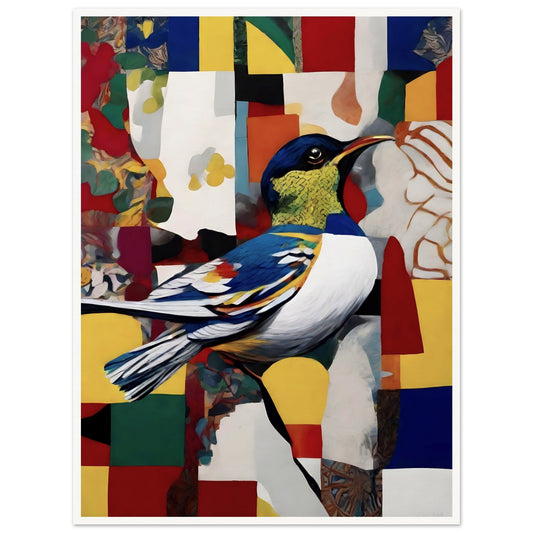 A colorful painting of a bird with intricate blue, yellow, and white feathers perched on a branch, set against a patchwork background of bold geometric shapes and vibrant hues.