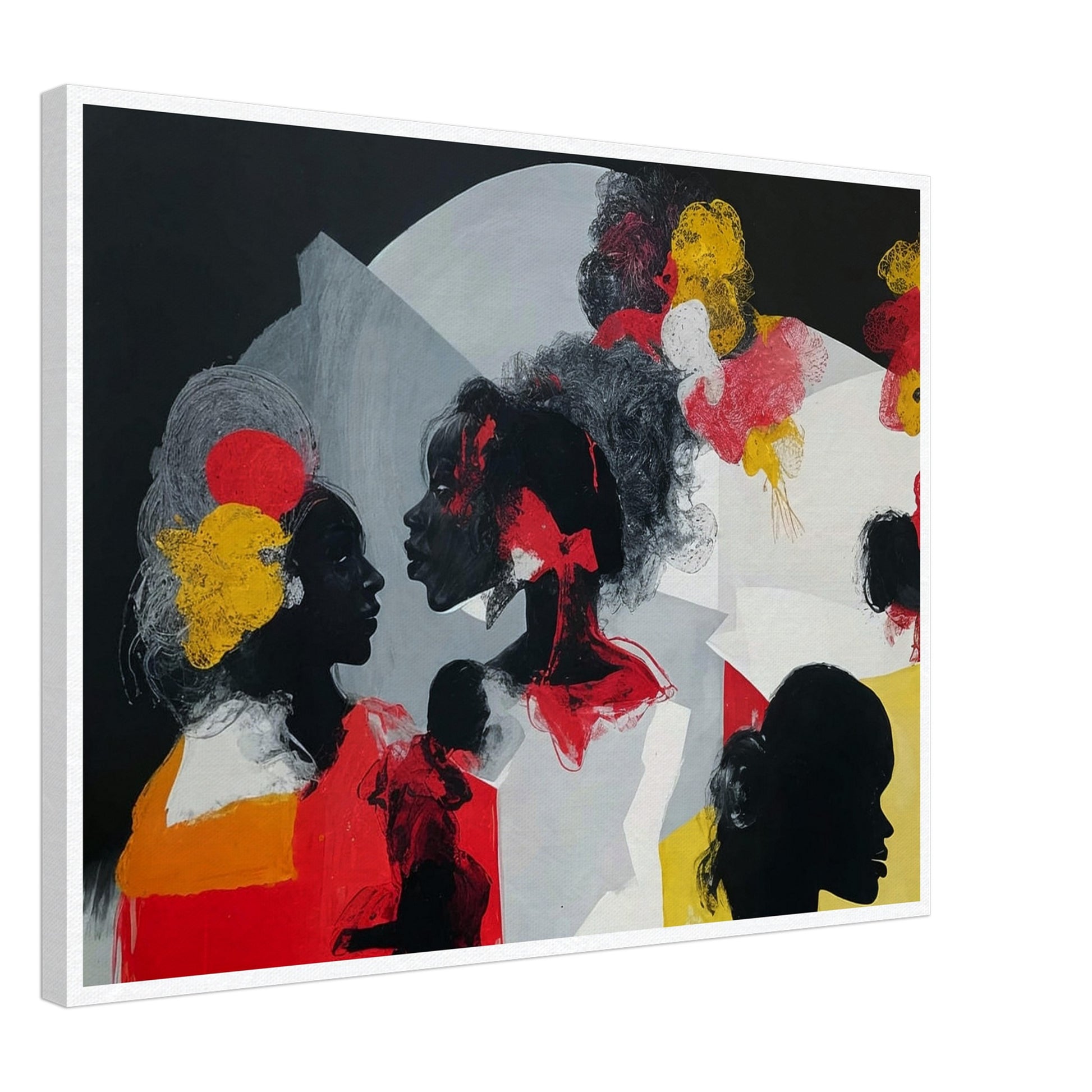 An expressive painting featuring silhouetted profiles of women with colorful abstract accents against a dark background.