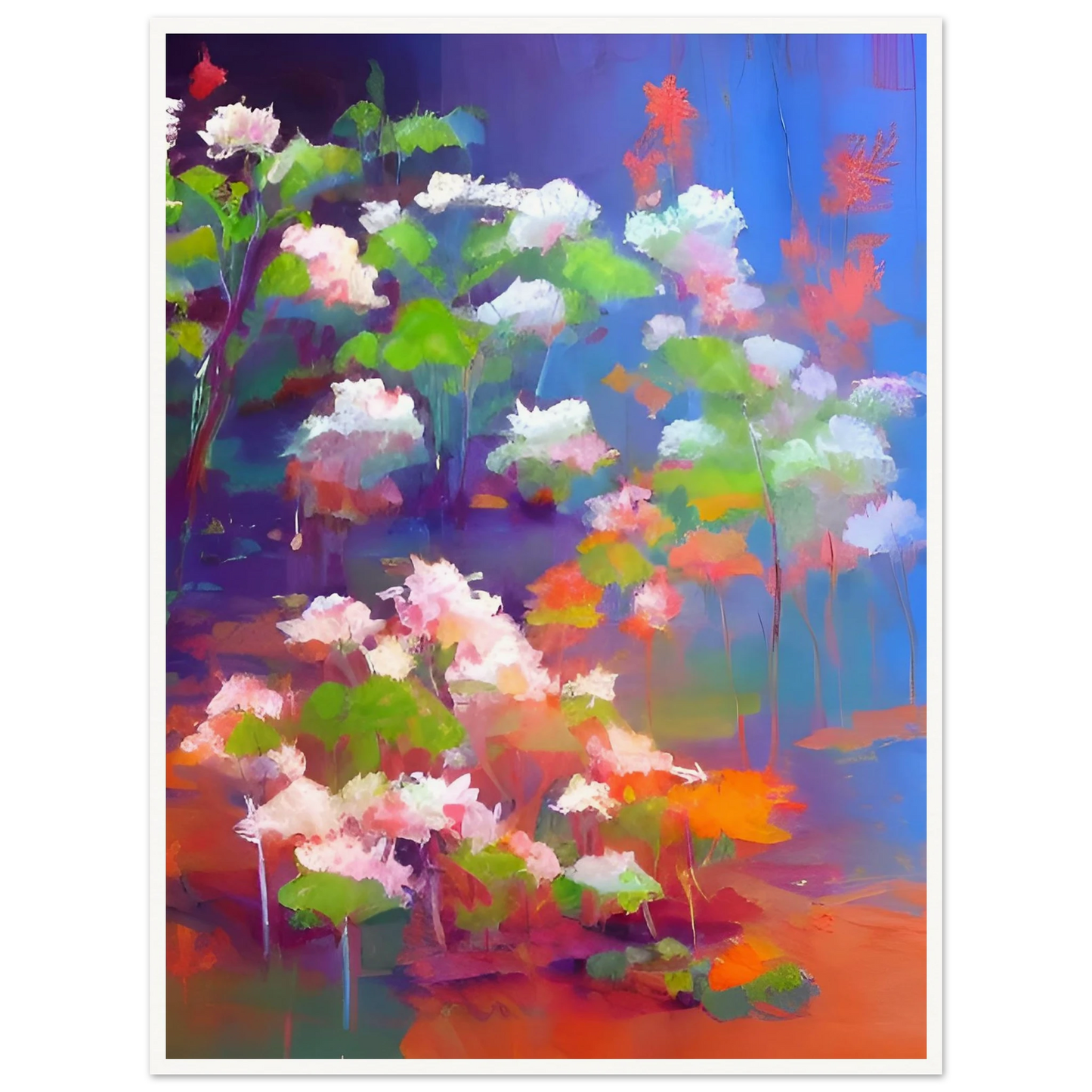 A vibrant floral composition featuring soft pink and white blossoms with bright green leaves, illuminated against a luminous blue and violet background in an expressive contemporary style.