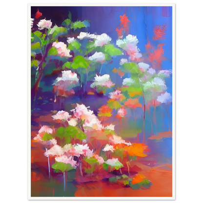 A vibrant floral composition featuring soft pink and white blossoms with bright green leaves, illuminated against a luminous blue and violet background in an expressive contemporary style.
