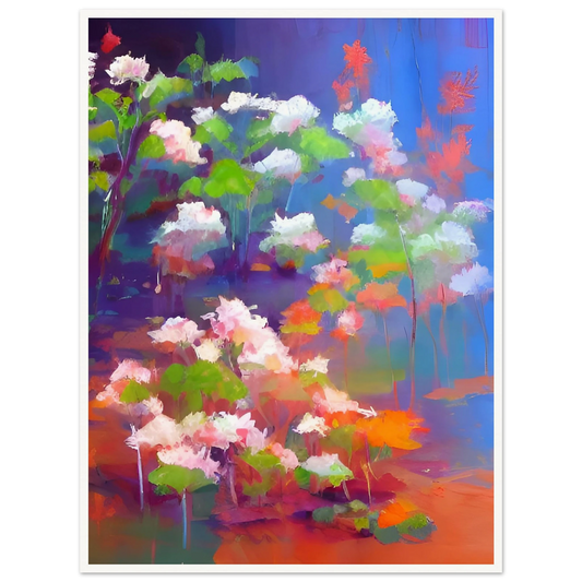 A vibrant floral composition featuring soft pink and white blossoms with bright green leaves, illuminated against a luminous blue and violet background in an expressive contemporary style.