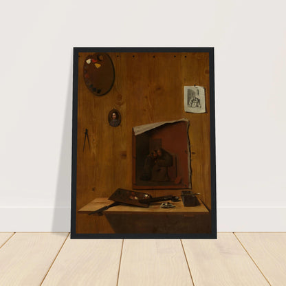 Artist palettes, brushes, prints, and a small painting hang on a wooden trompe l’oeil wall.