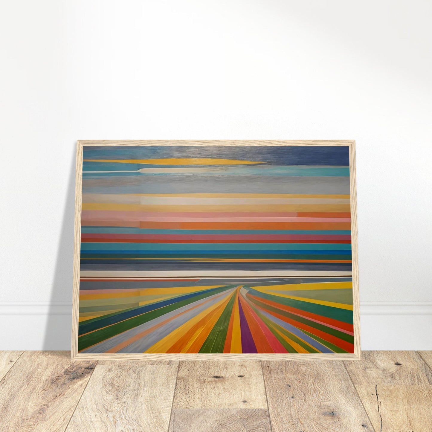 Abstract painting featuring horizontal bands of various colors, resembling a vibrant horizon and colorful road leading into the distance.