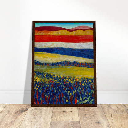 A colorful landscape painting featuring a vibrant field of flowers with rolling hills in the background.