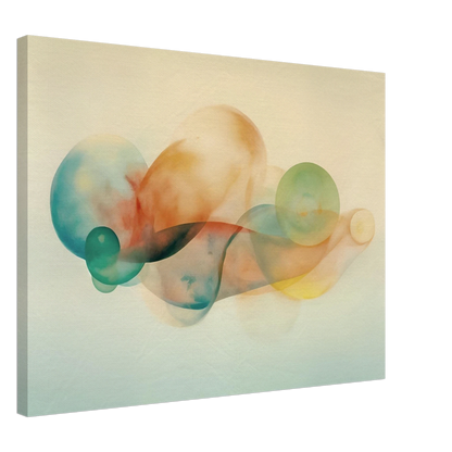 Translucent pastel spheres and flowing organic shapes overlap in airy layers of teal, peach, gold, and mist on a serene light backdrop.