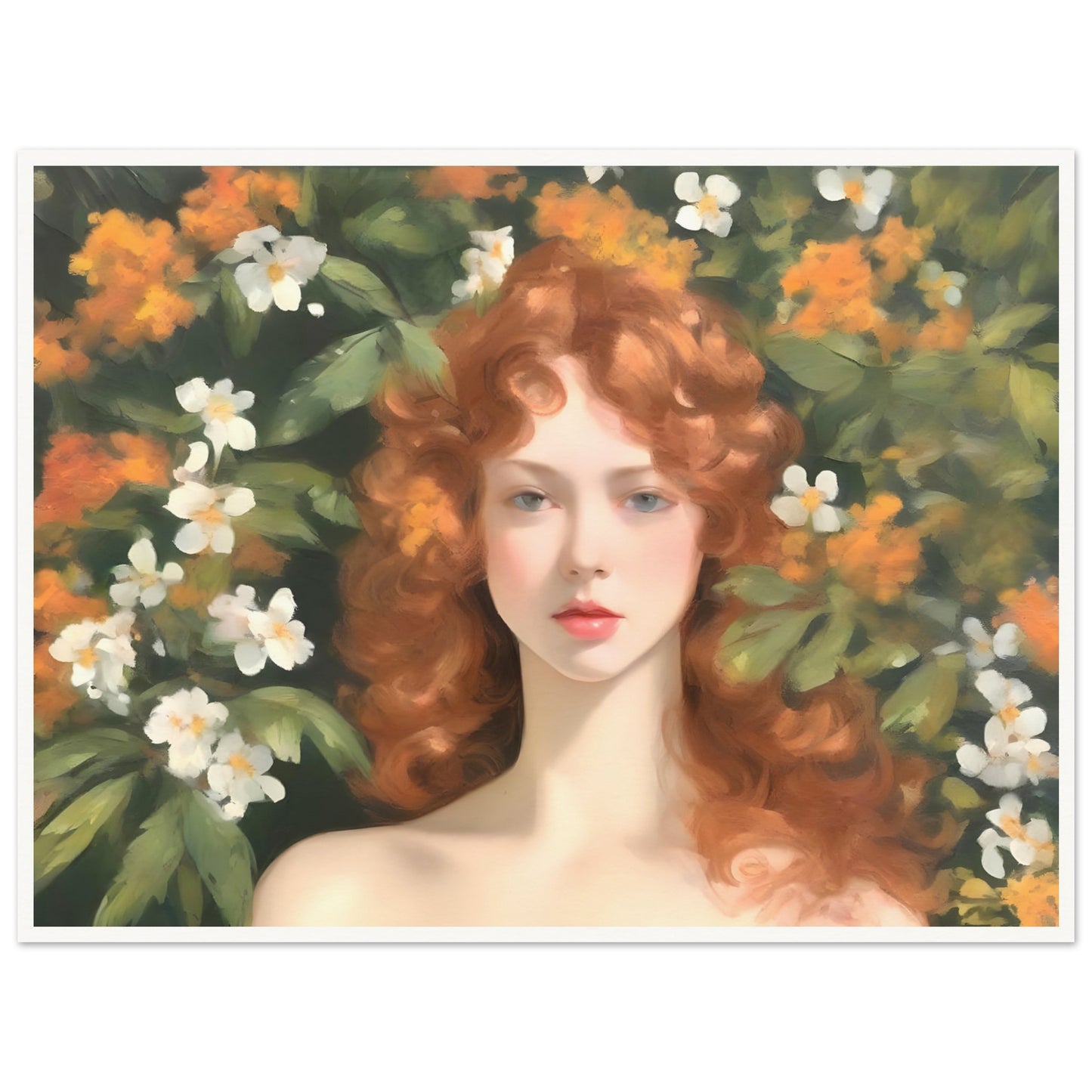 A delicate portrait of a woman with flowing red curls, surrounded by lush green foliage and blooming white and orange flowers, evoking a dreamlike elegance.