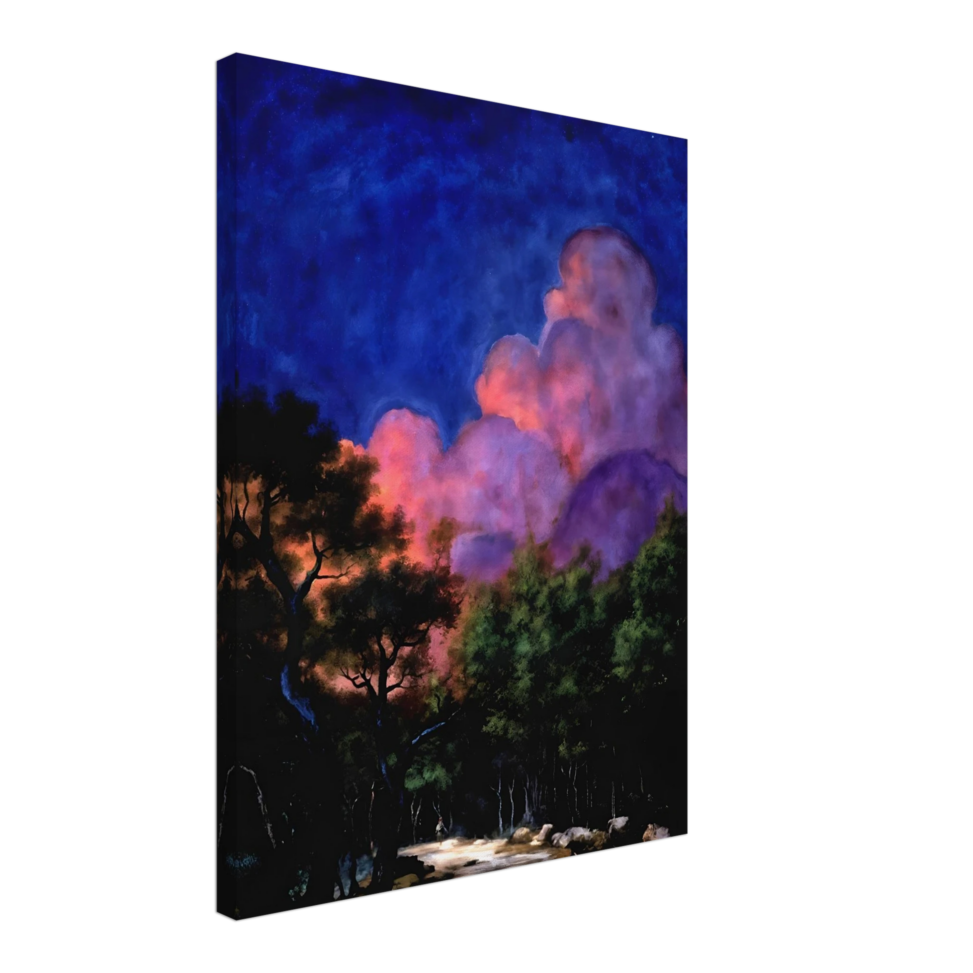 Dreamlike night landscape with deep blue sky, glowing pink clouds, shadowed trees, and luminous forest path beneath radiant twilight.