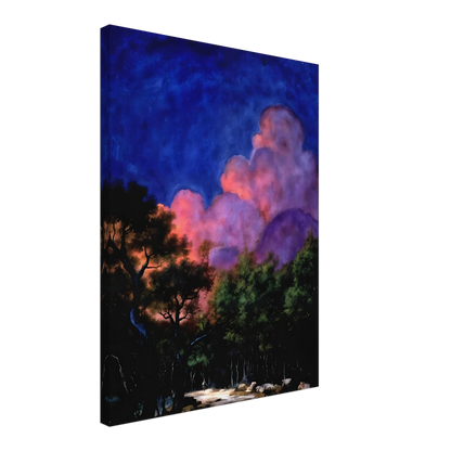Dreamlike night landscape with deep blue sky, glowing pink clouds, shadowed trees, and luminous forest path beneath radiant twilight.