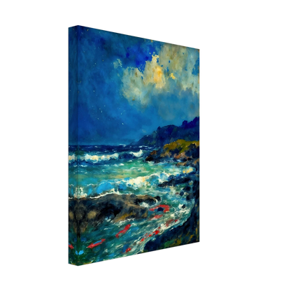 Turquoise waves rush through dark rocks below glowing clouds and distant coastal hills.