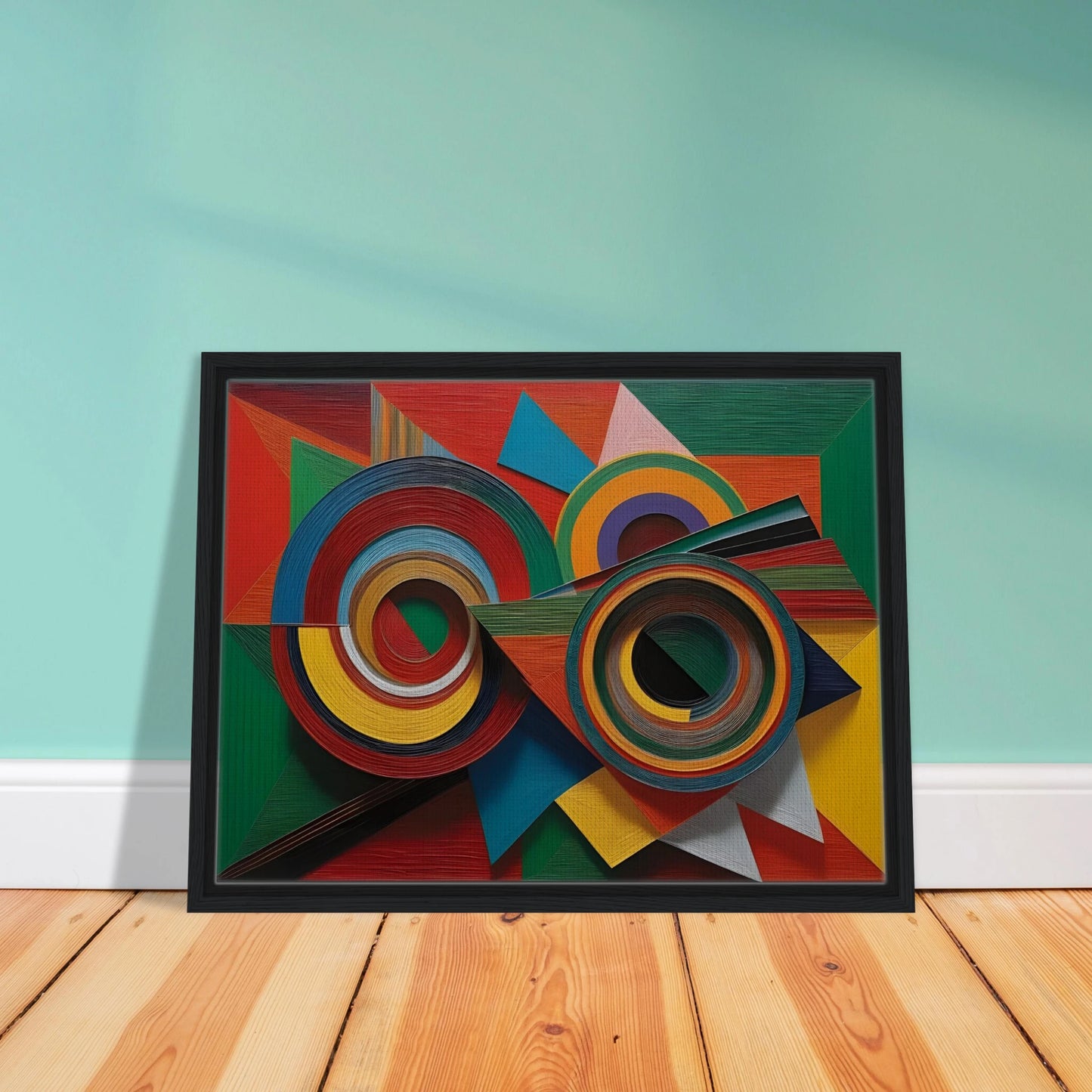 Vivid geometric painting with intersecting concentric circles and sharp-edged forms in bold reds, greens, blues, and yellows.