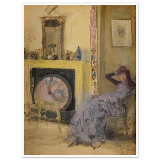 A young woman reclines near a fireplace, screen, mirror, and soft yellow interior light.