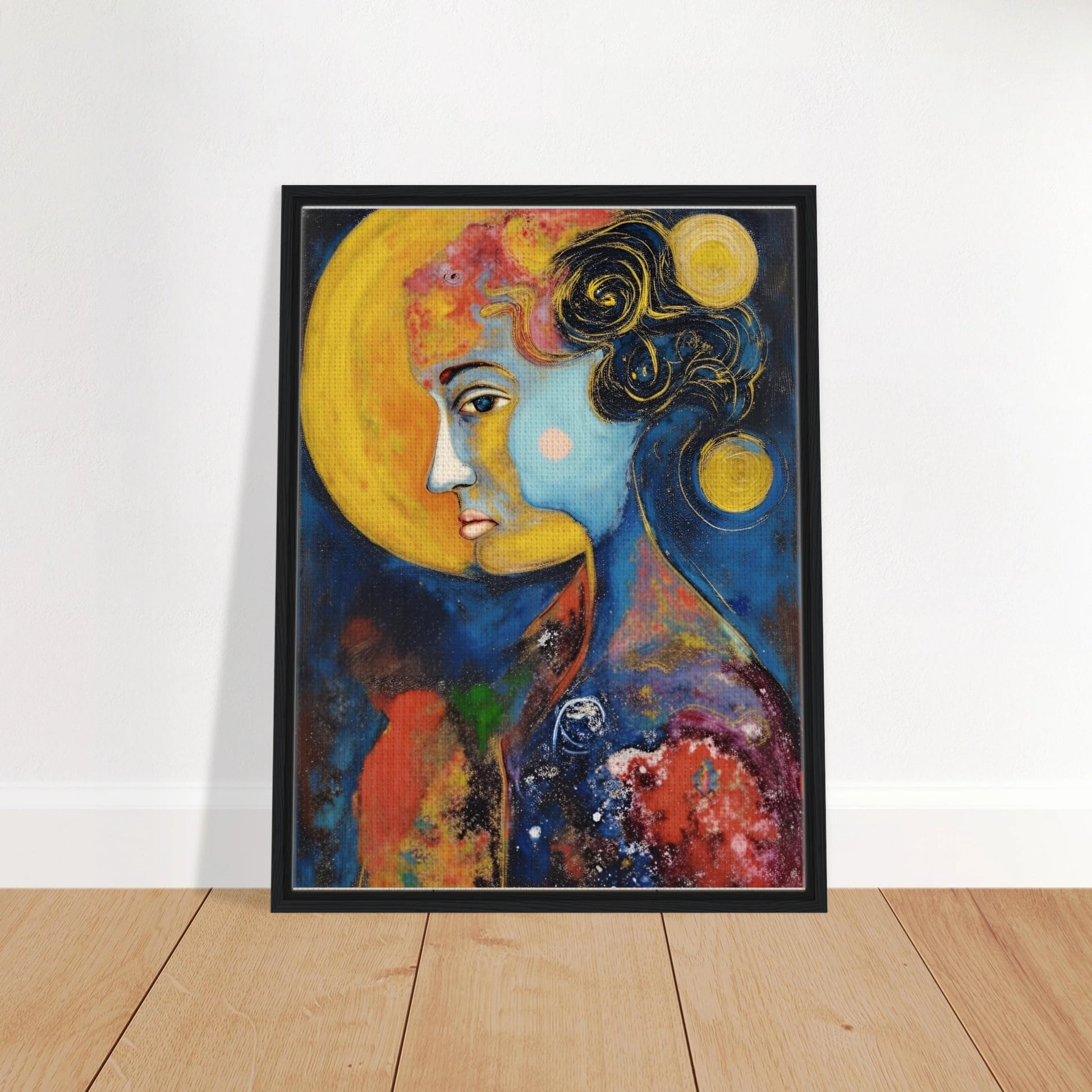 Blue celestial portrait with golden moons, dark curls, and vivid red and yellow cosmic textures.
