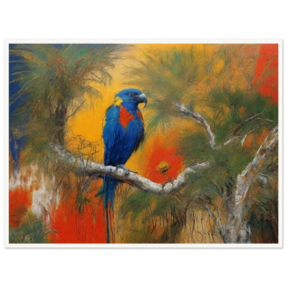 "A vibrant painting of a parrot with blue, red, and yellow feathers perched on a branch, set against a lush, tropical backdrop with rich orange and green hues."