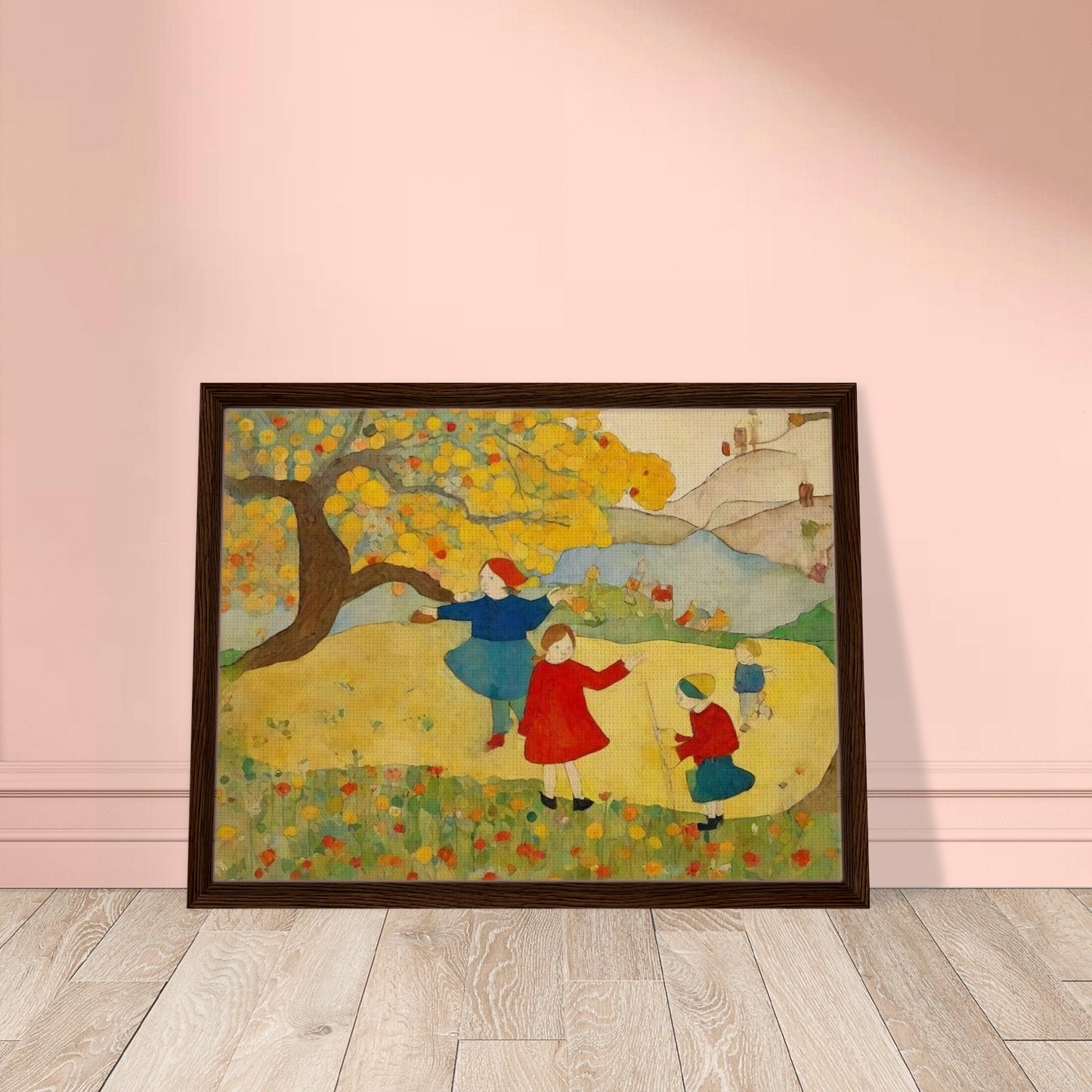 "A whimsical painting of children playing under a tree in a colorful meadow, with vibrant yellow leaves, bright flowers, and rolling hills in the background."