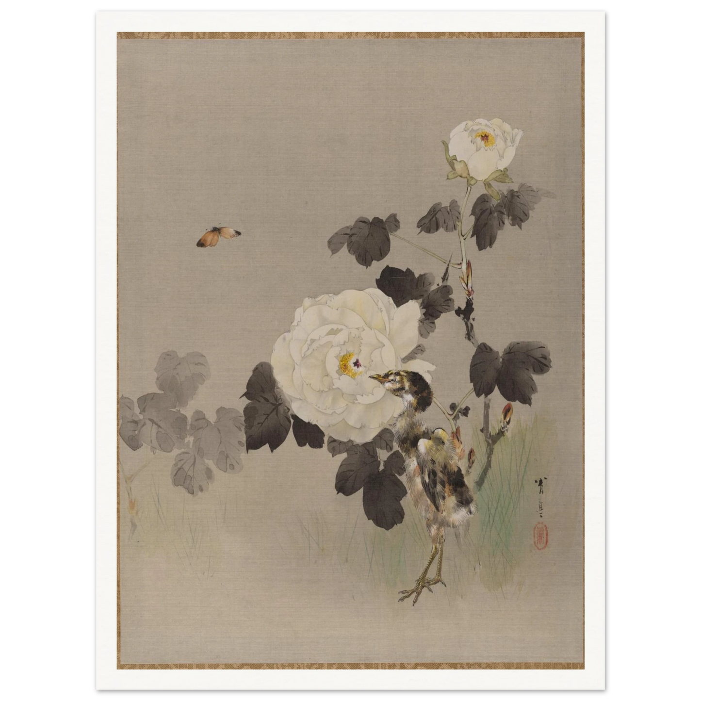 Young bird stands beside white roses as a butterfly flies across a pale silk background