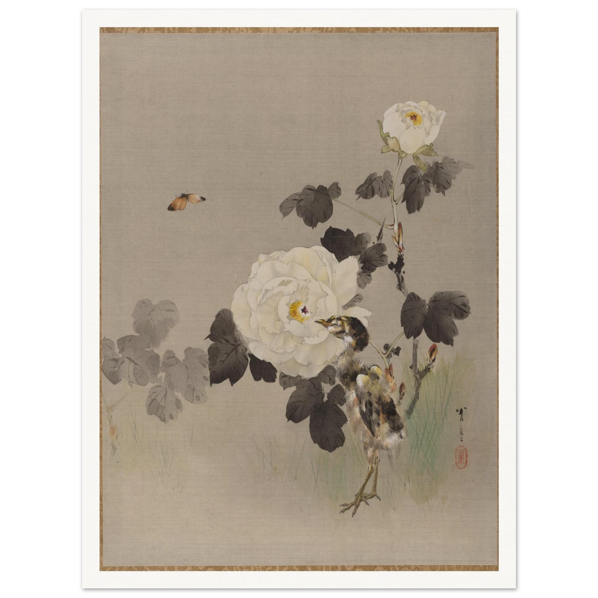 Young bird stands beside white roses as a butterfly flies across a pale silk background