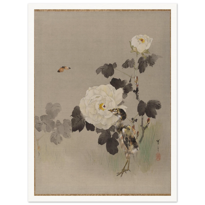 Young bird stands beside white roses as a butterfly flies across a pale silk background