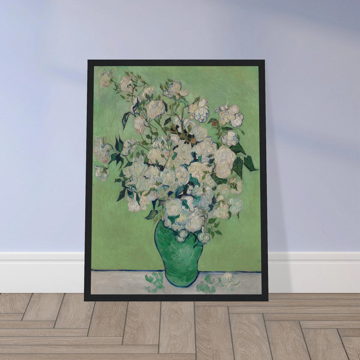 White roses bloom in a green vase against a pale green background with thick brushwork.
