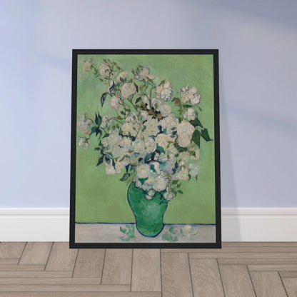 White roses bloom in a green vase against a pale green background with thick brushwork.