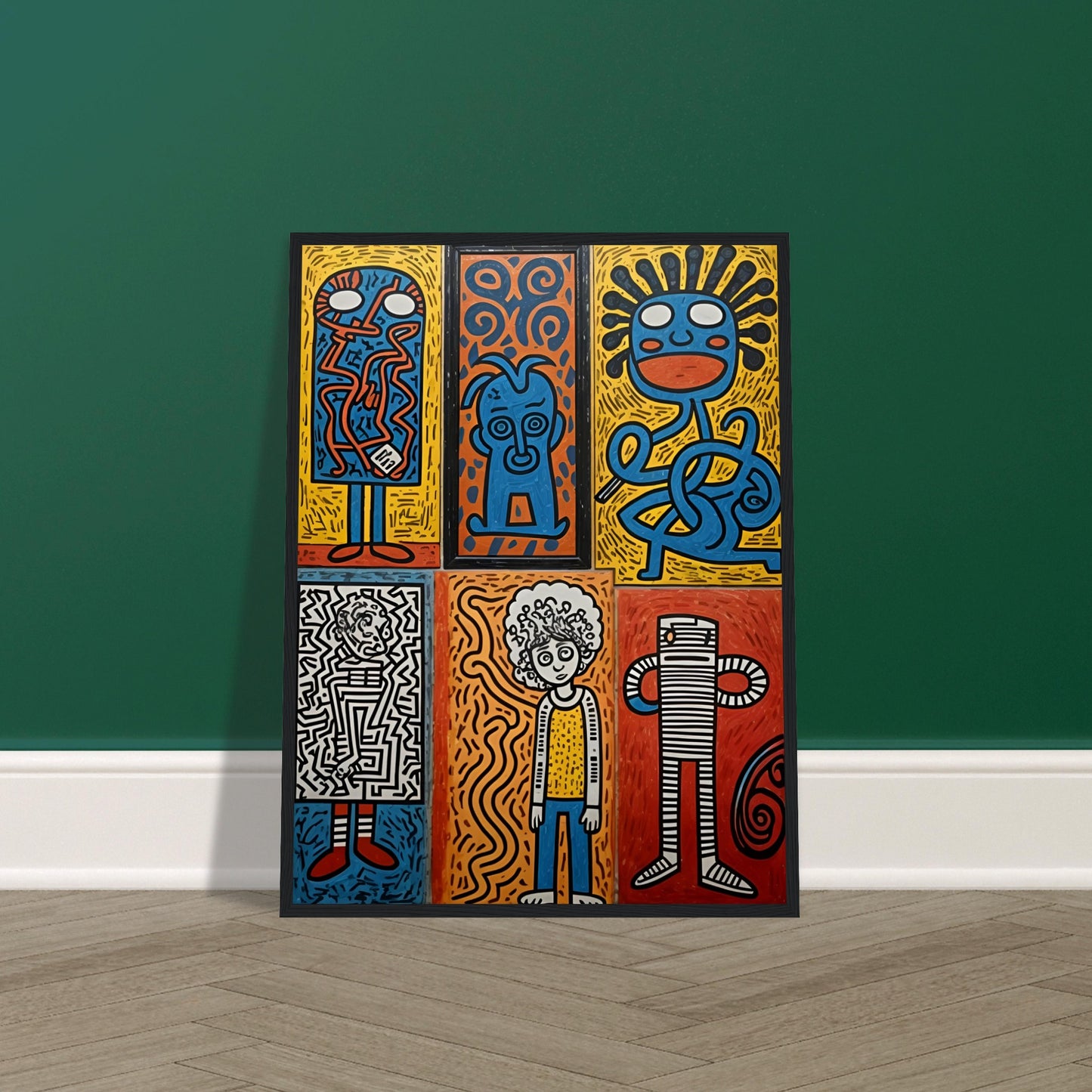 A bold and colorful artwork featuring six unique abstract faces in a pop-art style, with vibrant blues, reds, yellows, and intricate patterns.