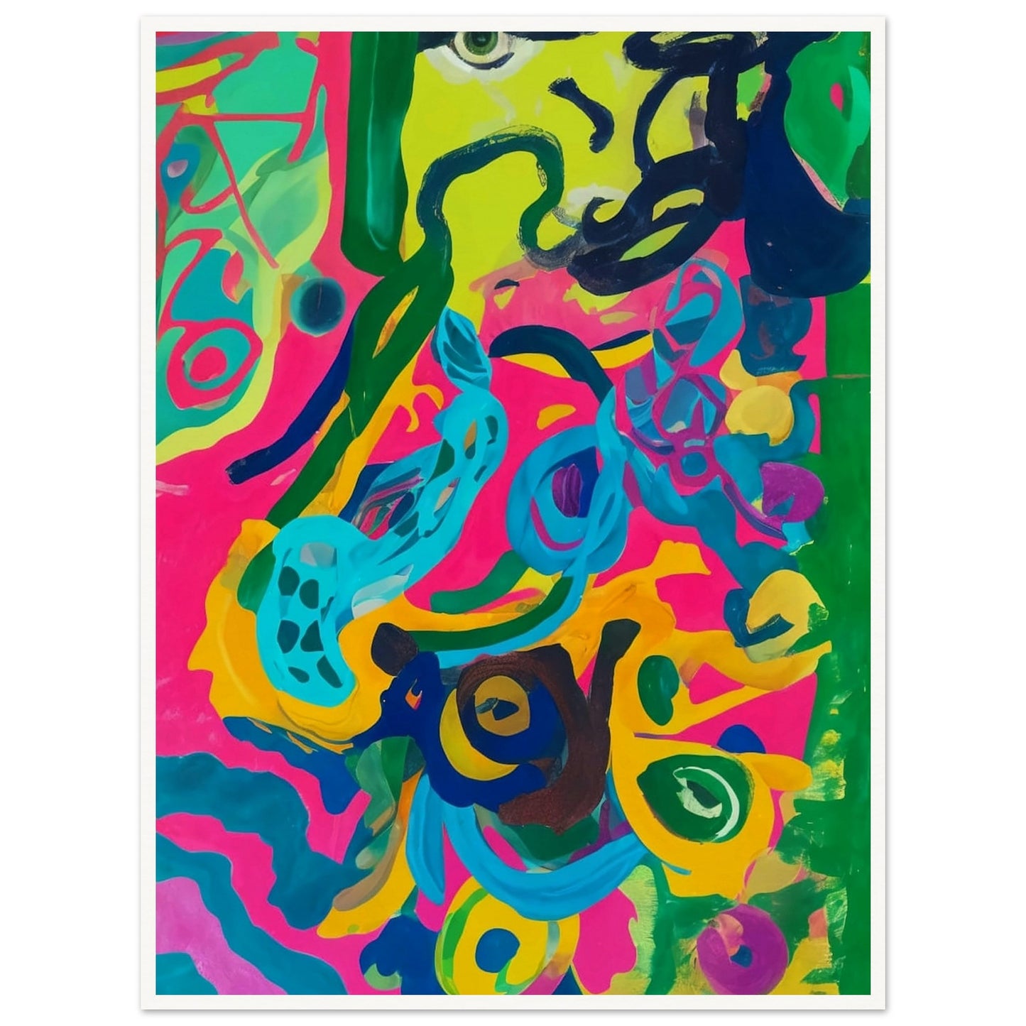 A vibrant abstract painting bursting with bright pink, green, blue, and yellow swirls, creating a lively and energetic composition.