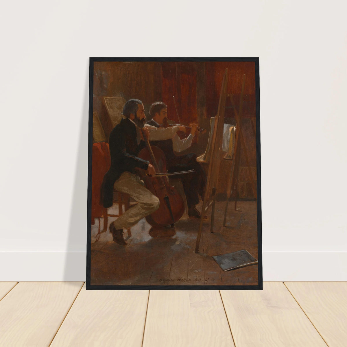 Two musicians play cello and violin in a warm artist studio, using easels as music stands.