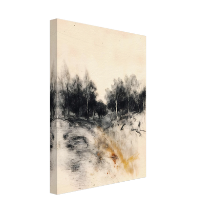 Muted woodland path with dark trees, soft sky, and warm ochre grasses in a quiet portrait scene.