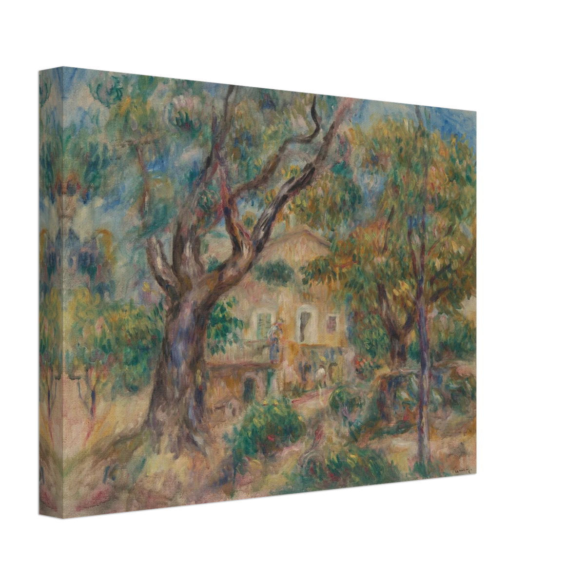 Sunlit farm buildings and trees at Les Collettes in Cagnes, painted with loose, vibrant brushstrokes.