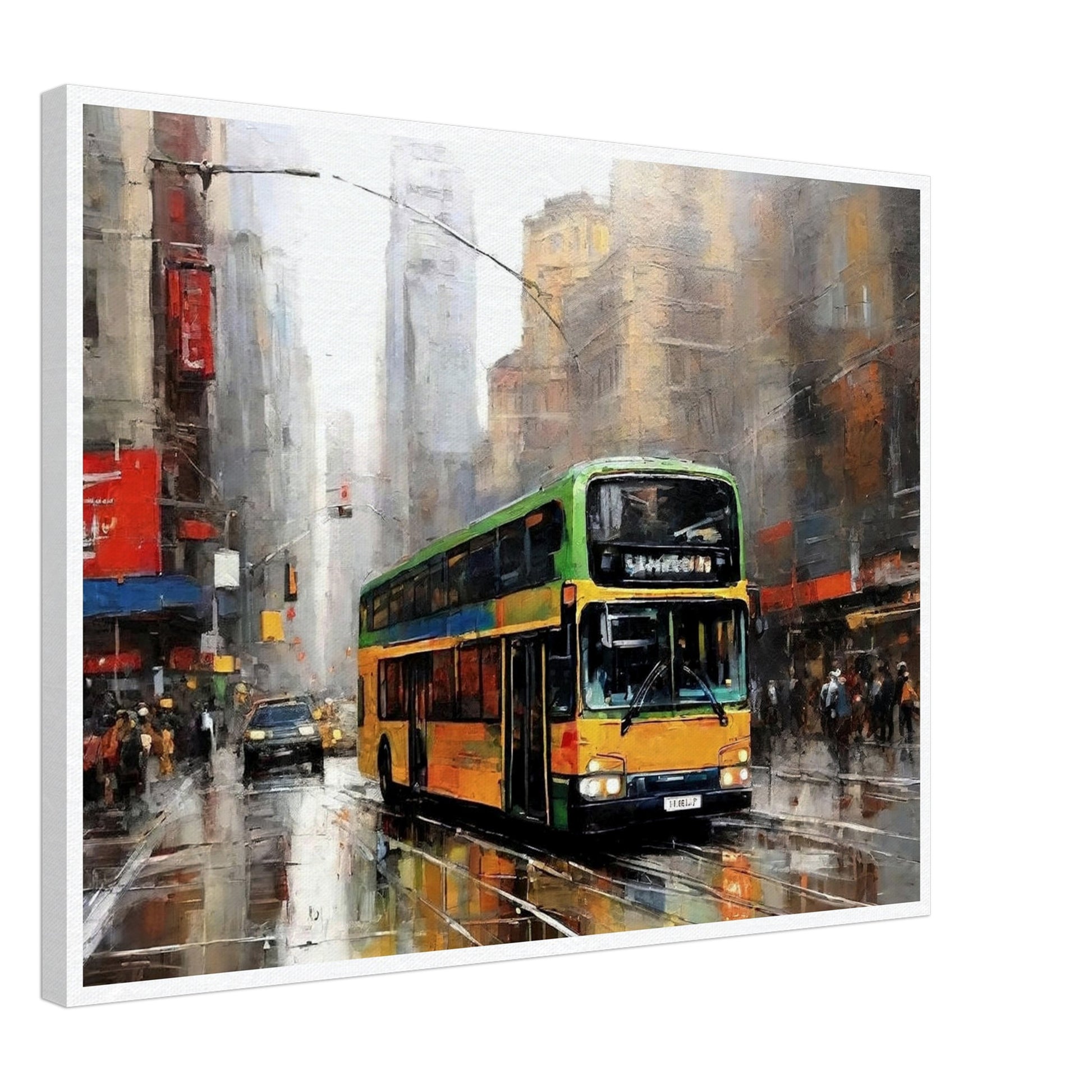 "A vibrant painting of a double-decker bus driving through a busy, rain-soaked city street, with tall buildings and reflections creating an atmospheric urban scene."