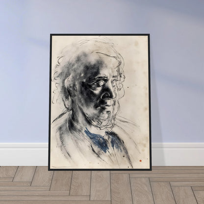 Charcoal portrait of an elderly man with deep shadows, loose lines, and a muted blue collar.