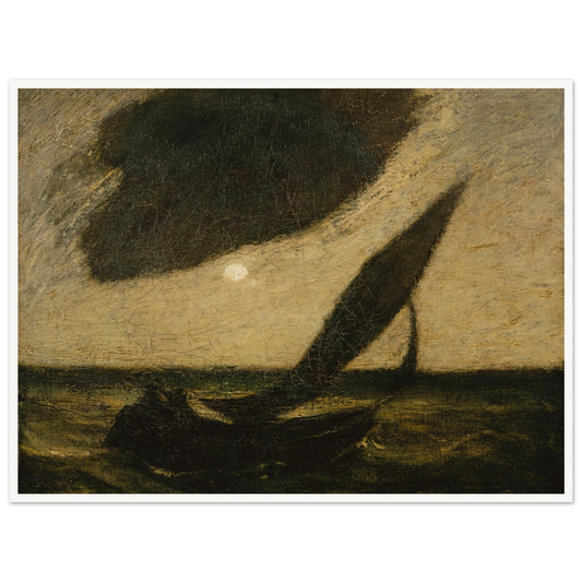 Moonlit sailboat moves through dark waves under a glowing sky