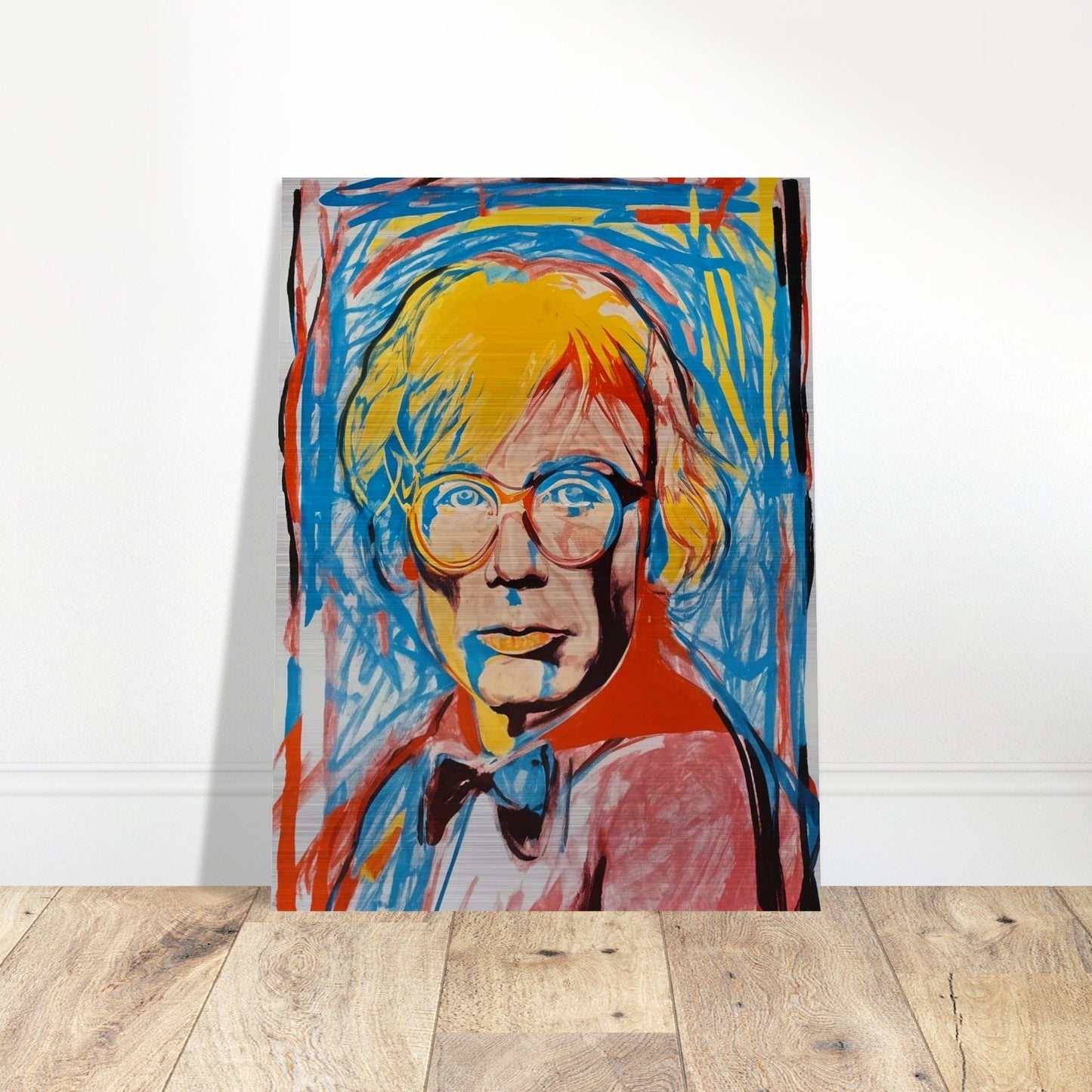 A vivid and energetic pop art portrait featuring a person with bright yellow hair and glasses. The background is filled with dynamic blue and red brushstrokes, adding to the lively and modern feel of the artwork.