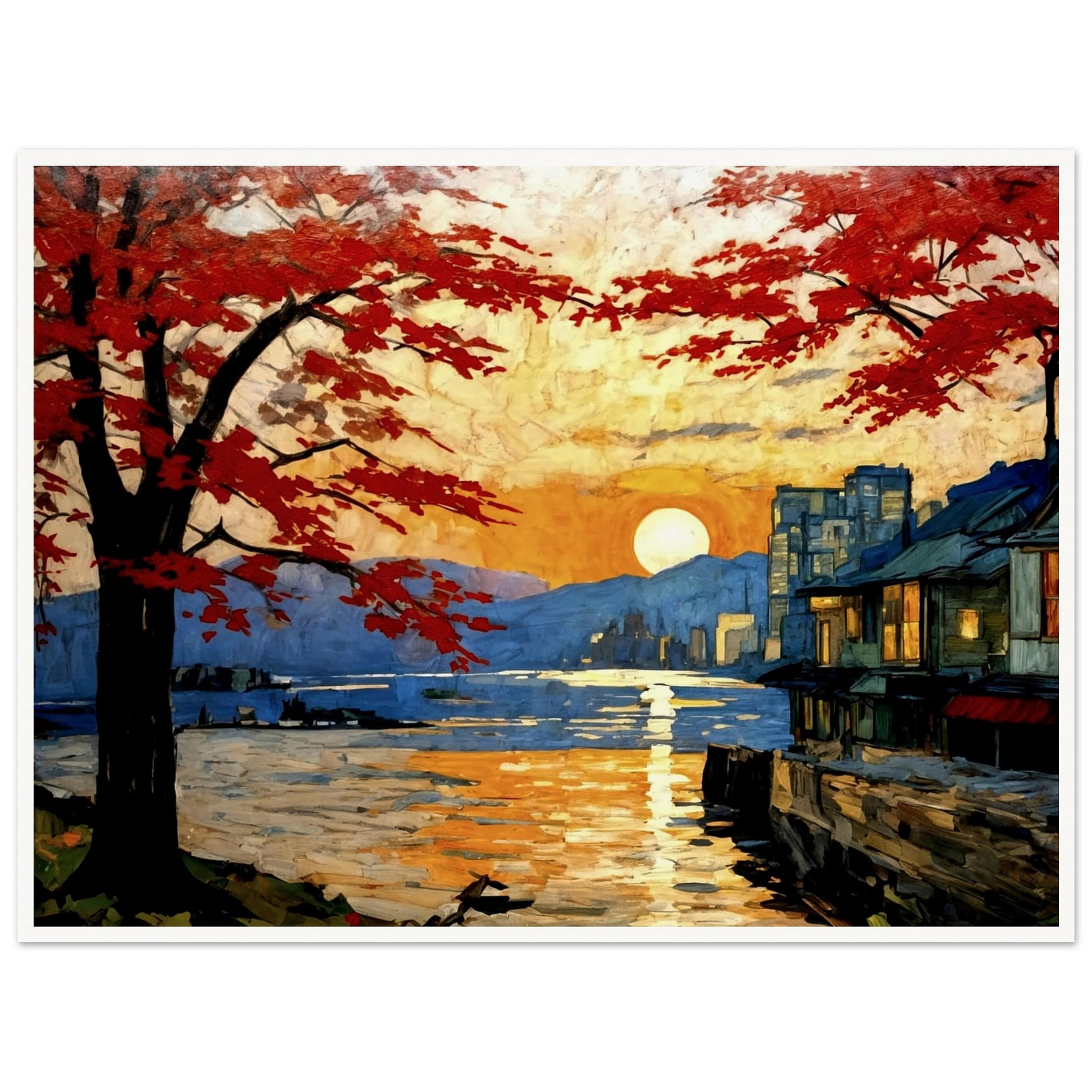 A serene sunset scene with vibrant red trees framing a peaceful waterfront, reflecting golden hues, and a distant cityscape in the background