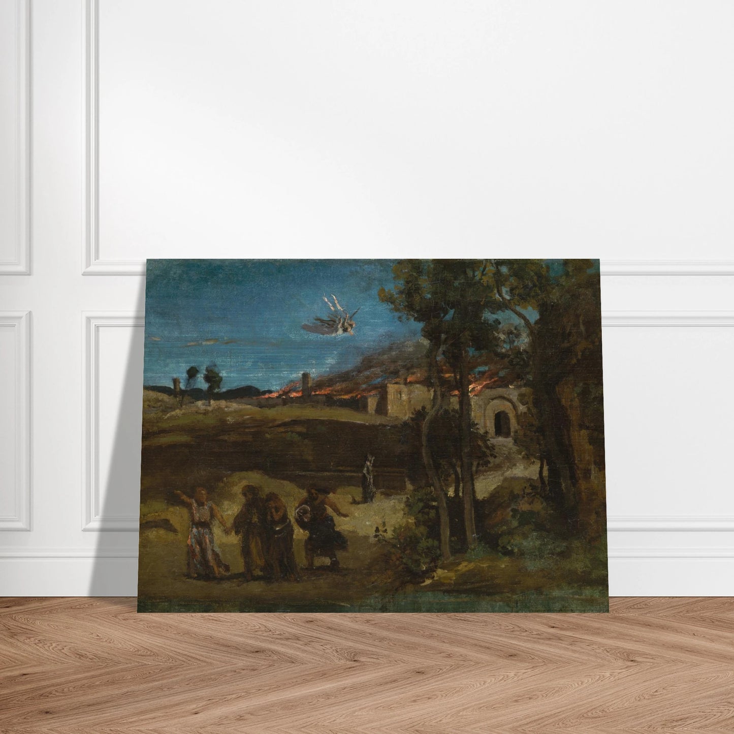 Angel casts fire over Sodom while figures flee through a dark biblical landscape