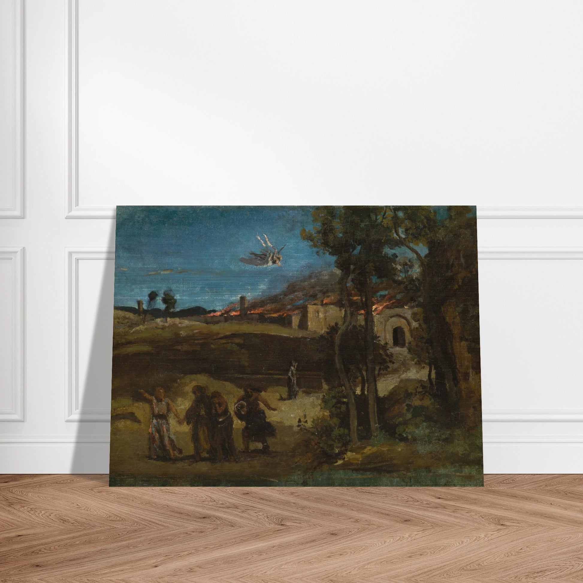 Angel casts fire over Sodom while figures flee through a dark biblical landscape