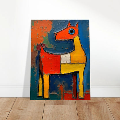 A bold, textured painting of a stylized horse in bright red, yellow, and blue tones, radiating playful and untamed energy.