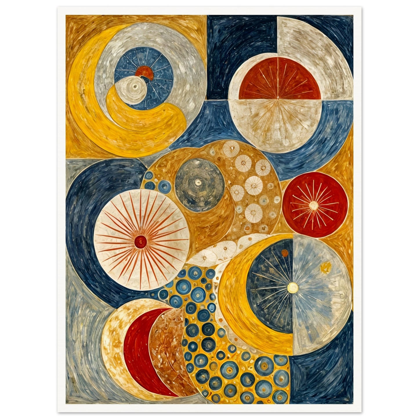 A celestial-inspired painting featuring intricate circular patterns, planetary orbits, and golden, blue, and red tones evoking a cosmic balance.