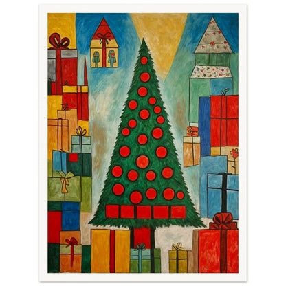 A vibrant Christmas scene featuring a tall tree decorated with red ornaments, surrounded by colorful presents wrapped in various sizes, symbolizing festive cheer.