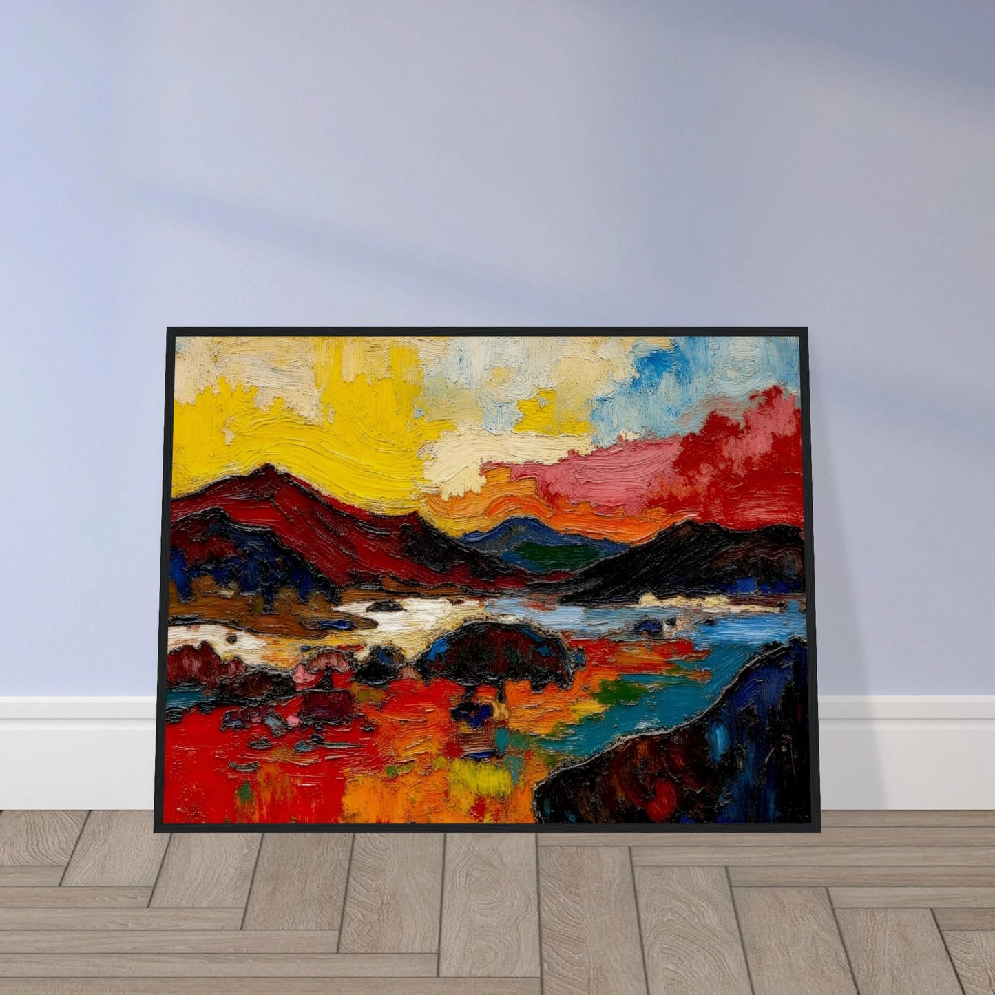 Bold red hills and blue water sit beneath a golden sky in a richly textured landscape.