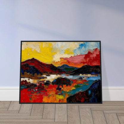 Bold red hills and blue water sit beneath a golden sky in a richly textured landscape.