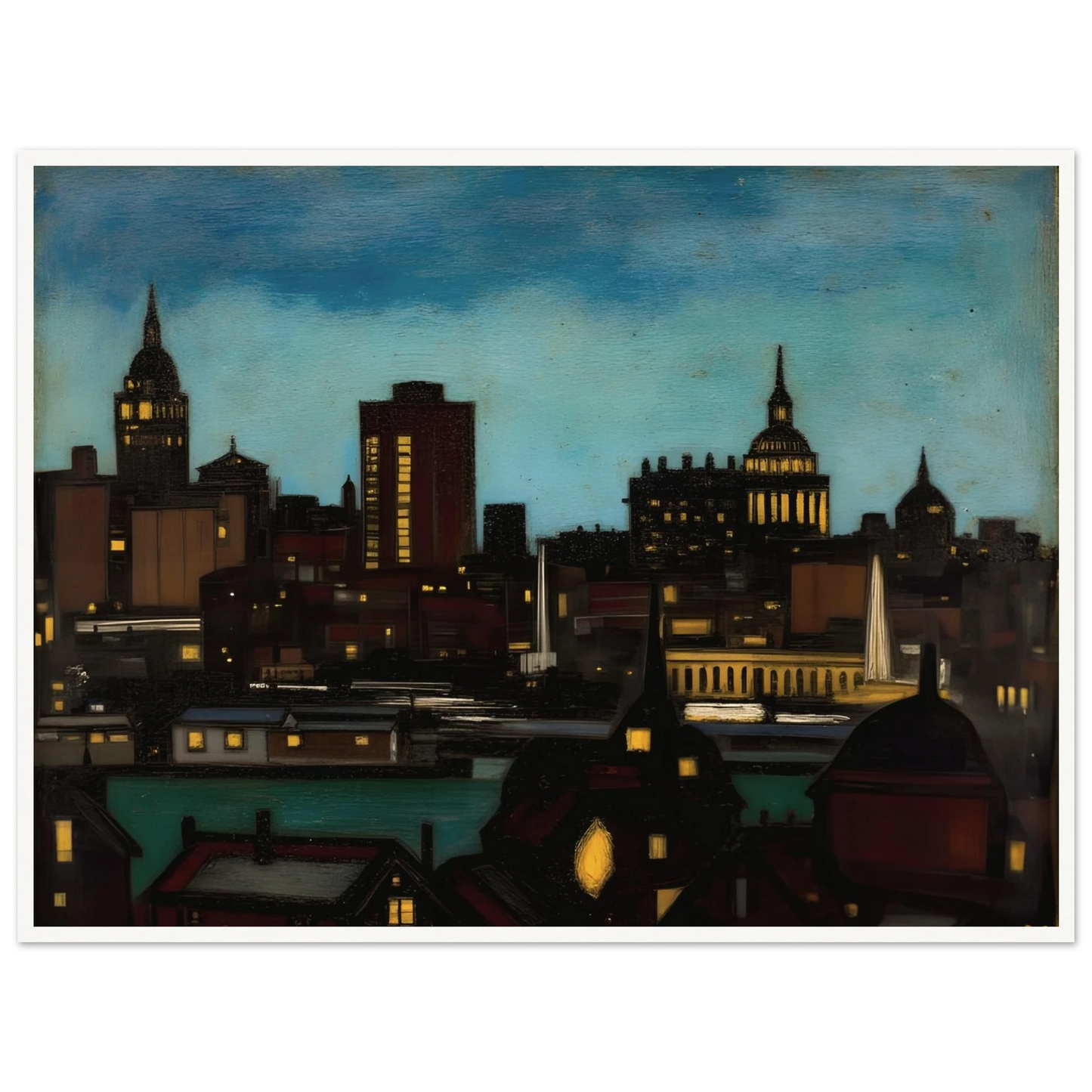 A glowing city skyline at dusk with illuminated towers, rooftops, and spires beneath a deep blue evening sky.