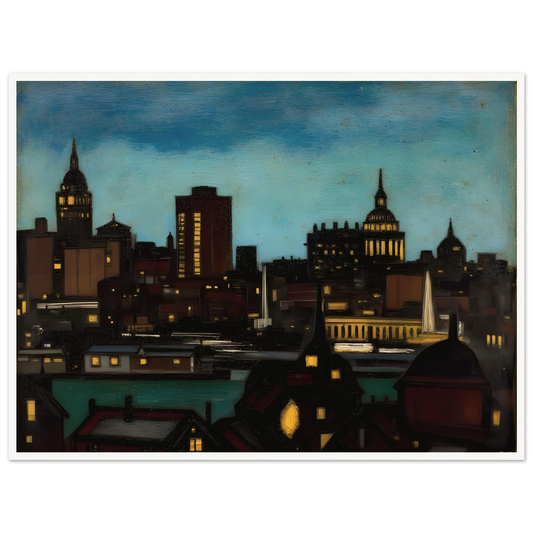 A glowing city skyline at dusk with illuminated towers, rooftops, and spires beneath a deep blue evening sky.